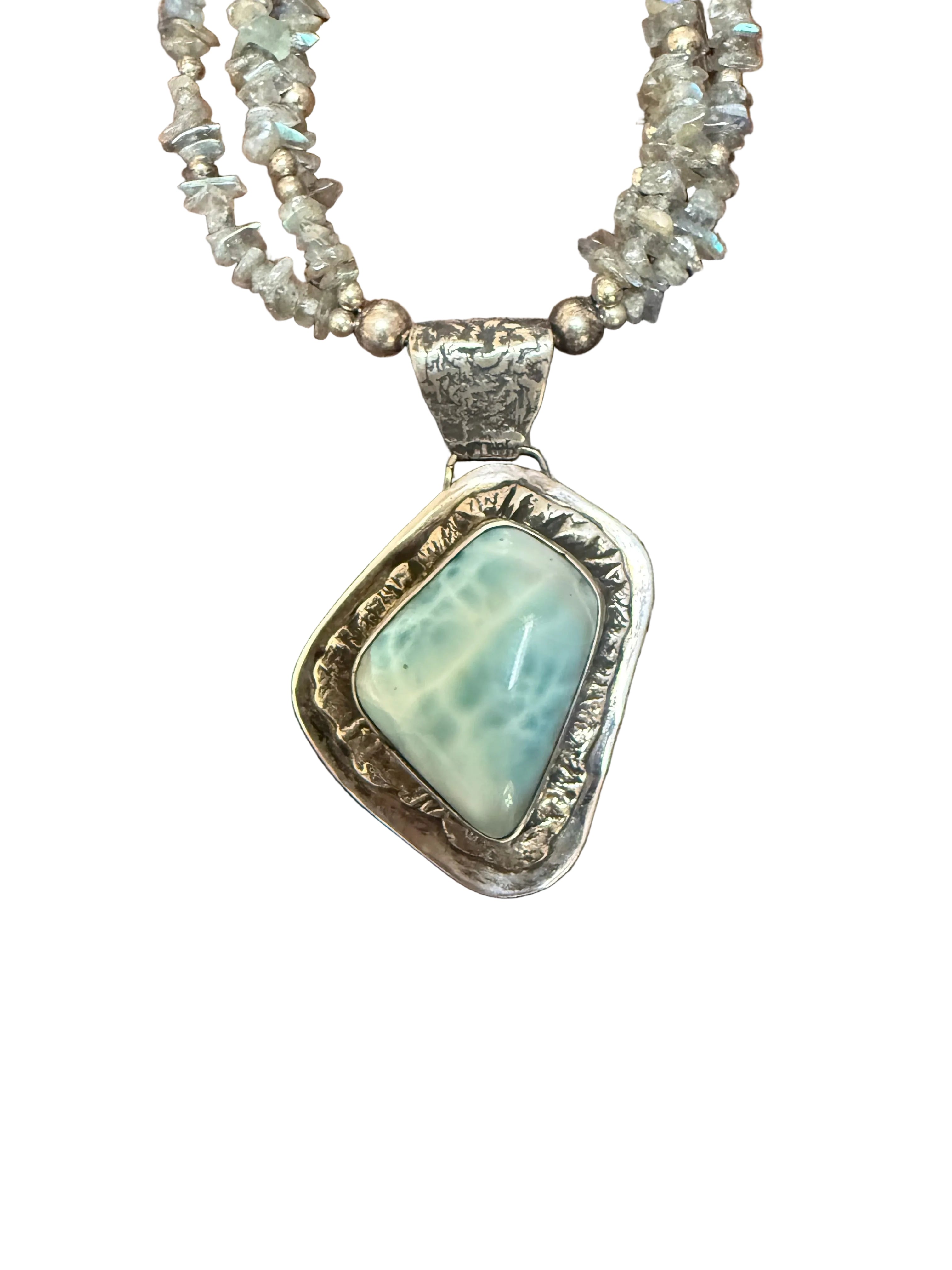 Labradorite chip necklace w/ larimar pendant
